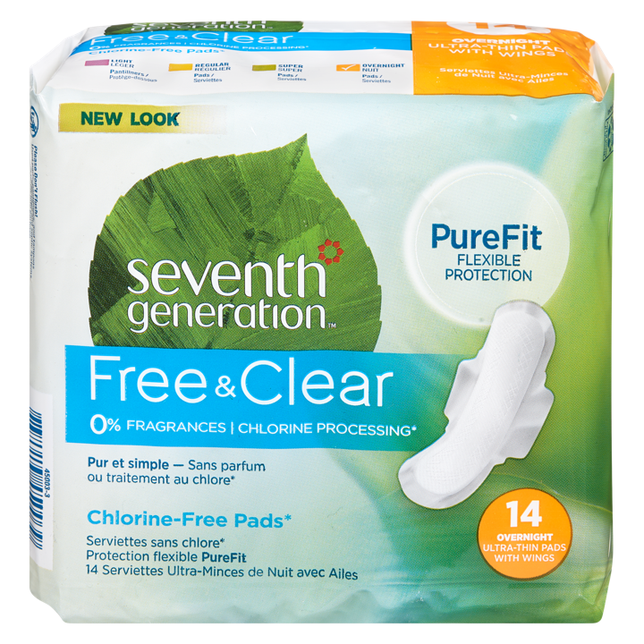 Free &amp; Clear Chlorine-Free Pads - Overnight Ultra-Thin Pads with Wings - 14 count